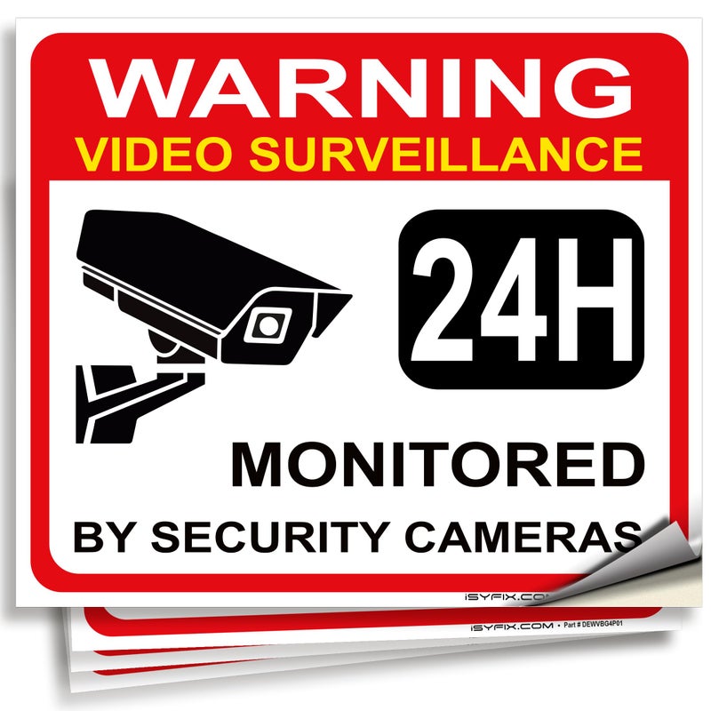 iSYFIX Video Surveillance Warning Sign Sticker - 4 Pack 7x6 inch â€“ Premium Self-Adhesive Vinyl, Laminated for Ultimate UV Protection, Weather, Scratch, Water & Fade Resistance, Indoor & Outdoor - Image 1